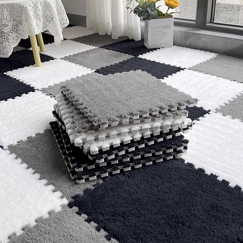 Typutomi 12pcs Plush Puzzle Foam Floor Mat, Cute Soft Fluffy Interlocking Square Foam Tiles Area Rugs Carpet for Parlor Bedroom Decor(11.8x11.8x0.4in, Grey&White&Black) - Image 1